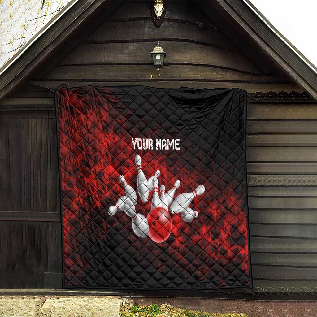 Red Bowling Ball and Pins Design Quilt with Fiery Smoke Background and Custom Team Name Text - Wonder Print Shop