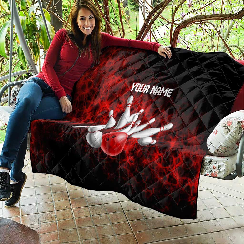 Red Bowling Ball and Pins Design Quilt with Fiery Smoke Background and Custom Team Name Text - Wonder Print Shop
