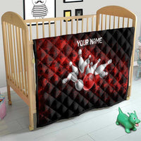 Red Bowling Ball and Pins Design Quilt with Fiery Smoke Background and Custom Team Name Text - Wonder Print Shop