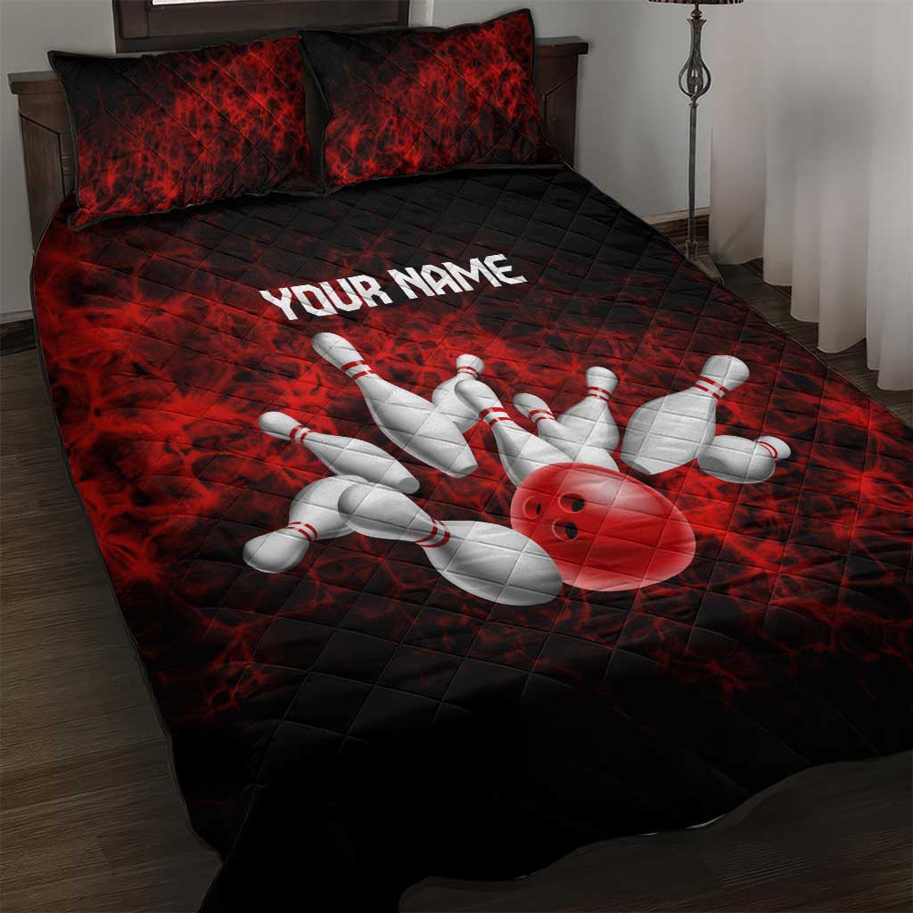 Red Bowling Ball and Pins Design Quilt Bed Set with Fiery Smoke Background and Custom Team Name Text - Wonder Print Shop