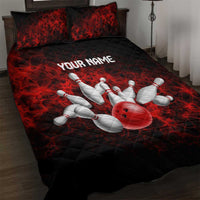 Red Bowling Ball and Pins Design Quilt Bed Set with Fiery Smoke Background and Custom Team Name Text - Wonder Print Shop