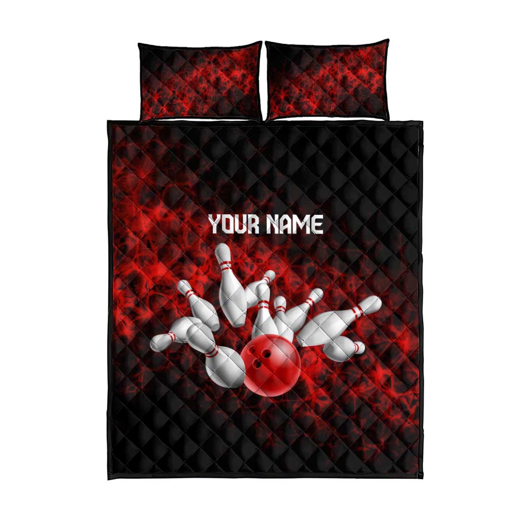 Red Bowling Ball and Pins Design Quilt Bed Set with Fiery Smoke Background and Custom Team Name Text - Wonder Print Shop