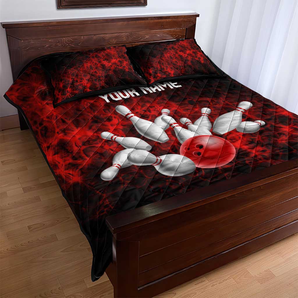 Red Bowling Ball and Pins Design Quilt Bed Set with Fiery Smoke Background and Custom Team Name Text - Wonder Print Shop