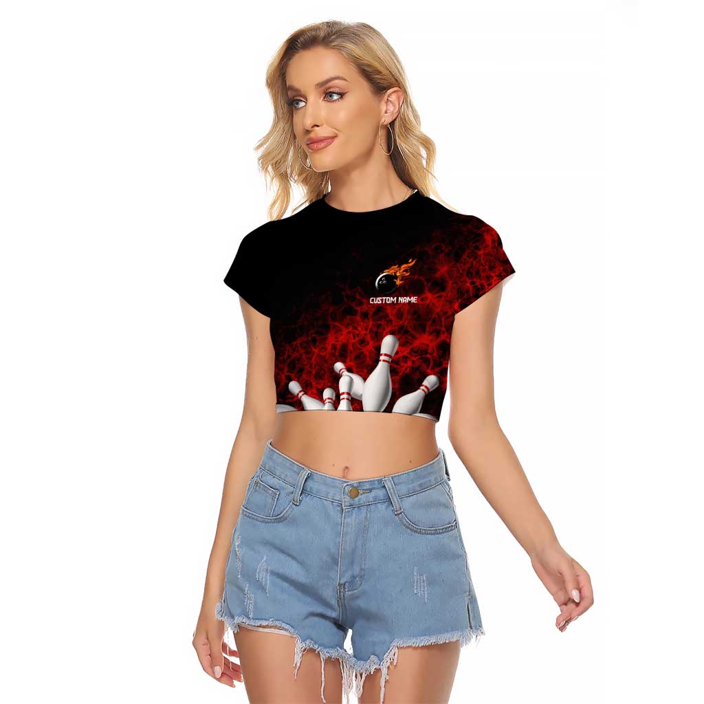 Red Bowling Ball and Pins Design Raglan Cropped T Shirt with Fiery Smoke Background and Custom Team Name Text - Wonder Print Shop