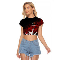 Red Bowling Ball and Pins Design Raglan Cropped T Shirt with Fiery Smoke Background and Custom Team Name Text - Wonder Print Shop