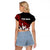 Red Bowling Ball and Pins Design Raglan Cropped T Shirt with Fiery Smoke Background and Custom Team Name Text - Wonder Print Shop