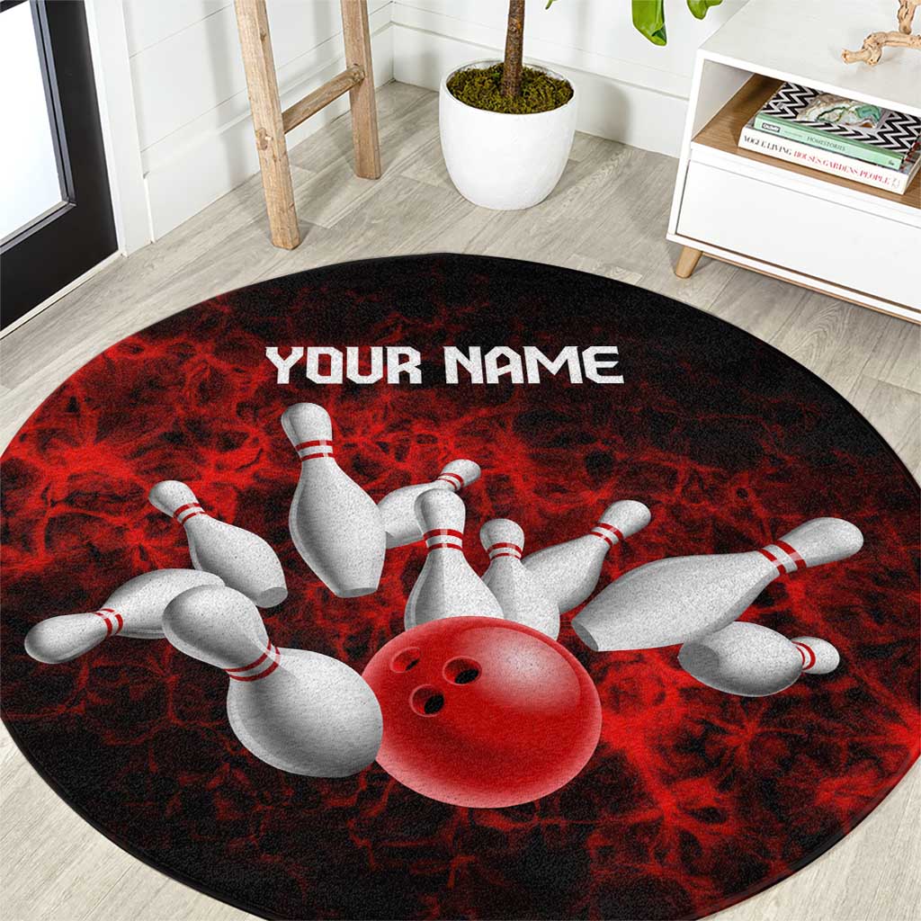 Red Bowling Ball and Pins Design Round Carpet with Fiery Smoke Background and Custom Team Name Text - Wonder Print Shop