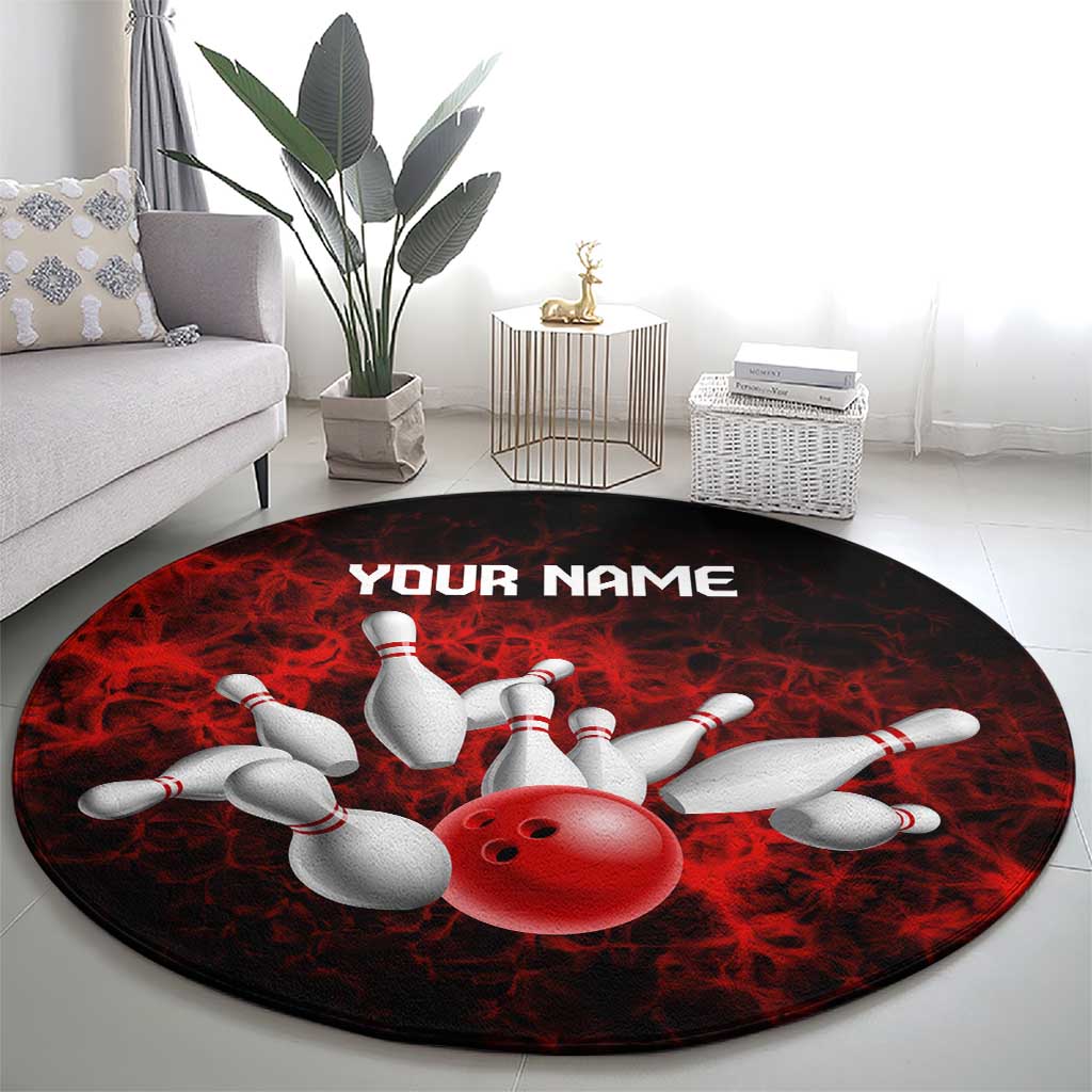 Red Bowling Ball and Pins Design Round Carpet with Fiery Smoke Background and Custom Team Name Text - Wonder Print Shop