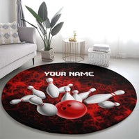 Red Bowling Ball and Pins Design Round Carpet with Fiery Smoke Background and Custom Team Name Text - Wonder Print Shop