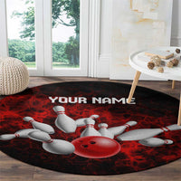 Red Bowling Ball and Pins Design Round Carpet with Fiery Smoke Background and Custom Team Name Text - Wonder Print Shop