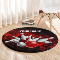Red Bowling Ball and Pins Design Round Carpet with Fiery Smoke Background and Custom Team Name Text - Wonder Print Shop