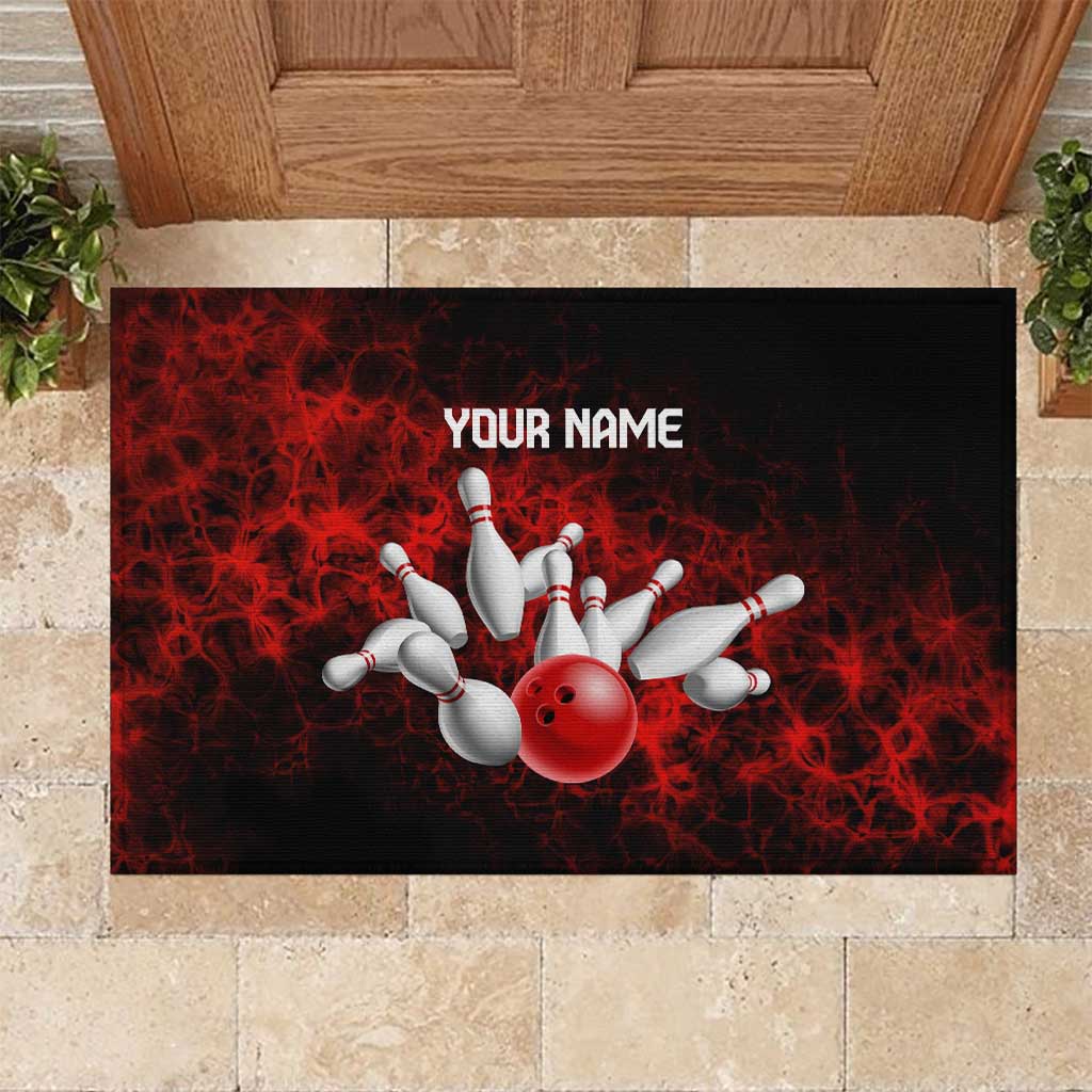 Red Bowling Ball and Pins Design Rubber Doormat with Fiery Smoke Background and Custom Team Name Text - Wonder Print Shop