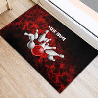 Red Bowling Ball and Pins Design Rubber Doormat with Fiery Smoke Background and Custom Team Name Text - Wonder Print Shop