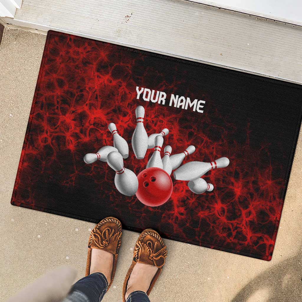 Red Bowling Ball and Pins Design Rubber Doormat with Fiery Smoke Background and Custom Team Name Text - Wonder Print Shop