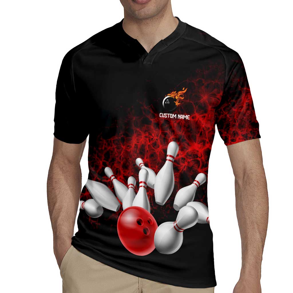Red Bowling Ball and Pins Design Rugby Jersey with Fiery Smoke Background and Custom Team Name Text - Wonder Print Shop
