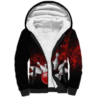 Red Bowling Ball and Pins Design Sherpa Hoodie with Fiery Smoke Background and Custom Team Name Text - Wonder Print Shop