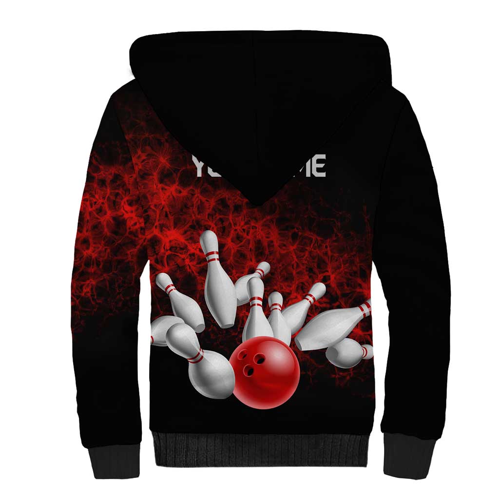 Red Bowling Ball and Pins Design Sherpa Hoodie with Fiery Smoke Background and Custom Team Name Text - Wonder Print Shop