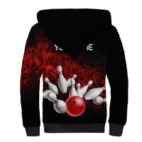 Red Bowling Ball and Pins Design Sherpa Hoodie with Fiery Smoke Background and Custom Team Name Text - Wonder Print Shop