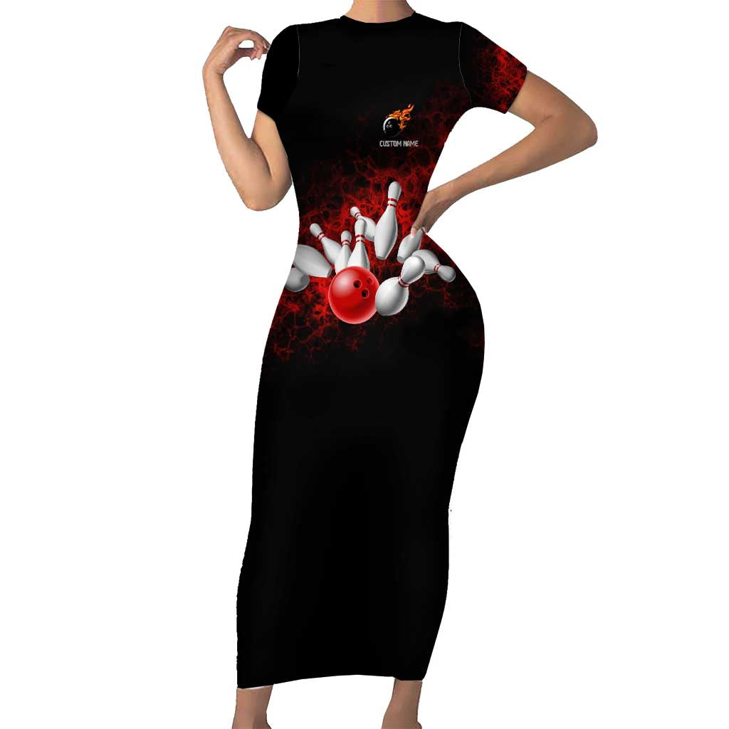 Red Bowling Ball and Pins Design Short Sleeve Bodycon Dress with Fiery Smoke Background and Custom Team Name Text - Wonder Print Shop