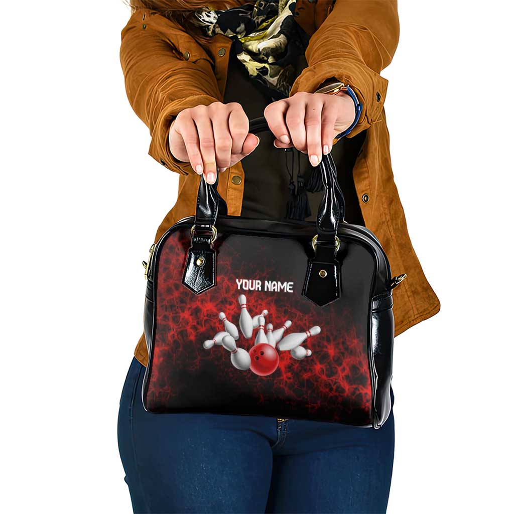 Red Bowling Ball and Pins Design Shoulder Handbag with Fiery Smoke Background and Custom Team Name Text - Wonder Print Shop