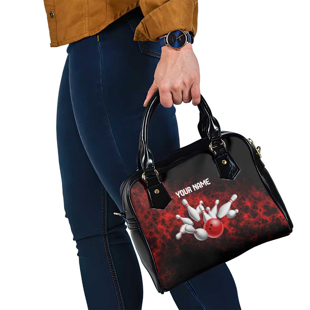 Red Bowling Ball and Pins Design Shoulder Handbag with Fiery Smoke Background and Custom Team Name Text - Wonder Print Shop