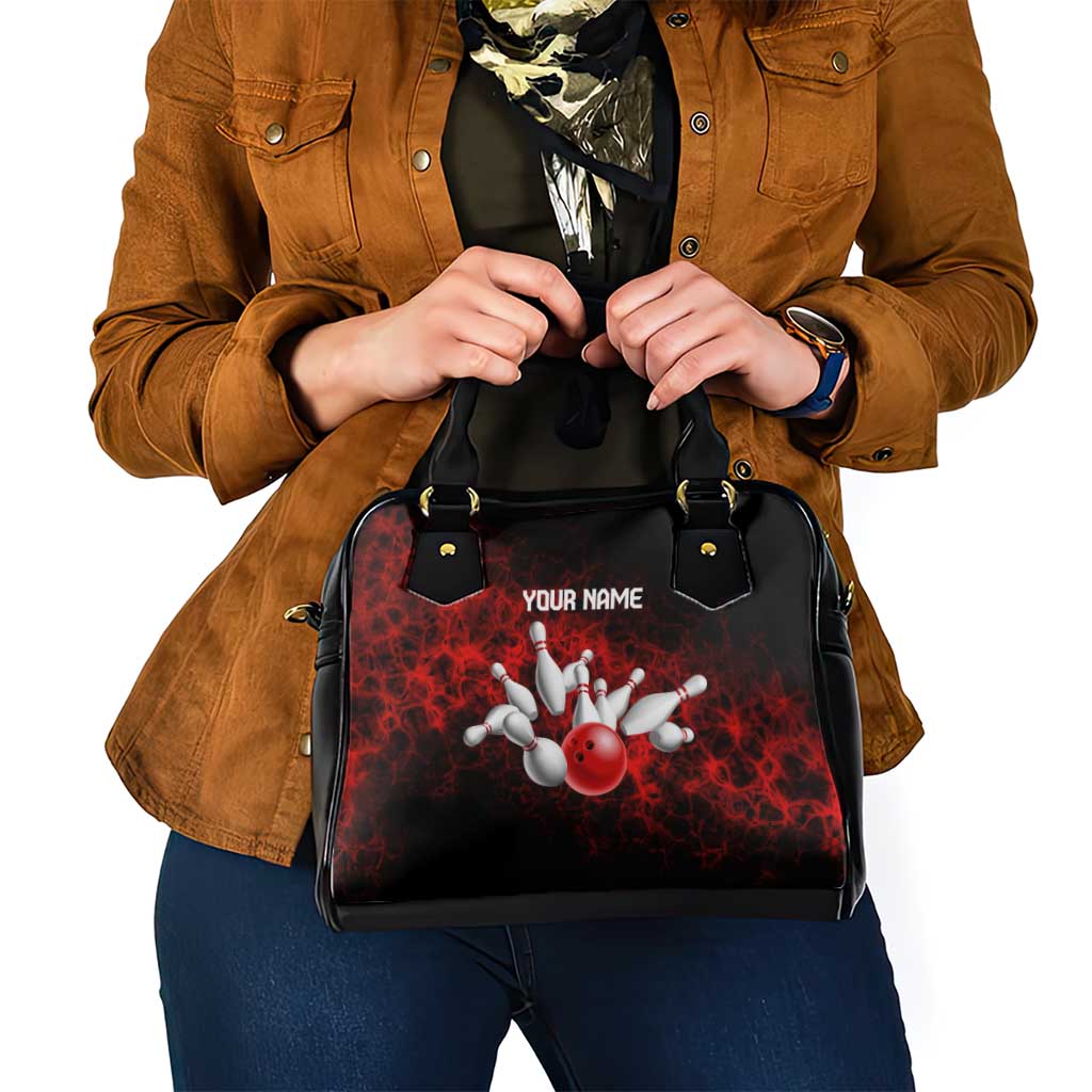 Red Bowling Ball and Pins Design Shoulder Handbag with Fiery Smoke Background and Custom Team Name Text - Wonder Print Shop