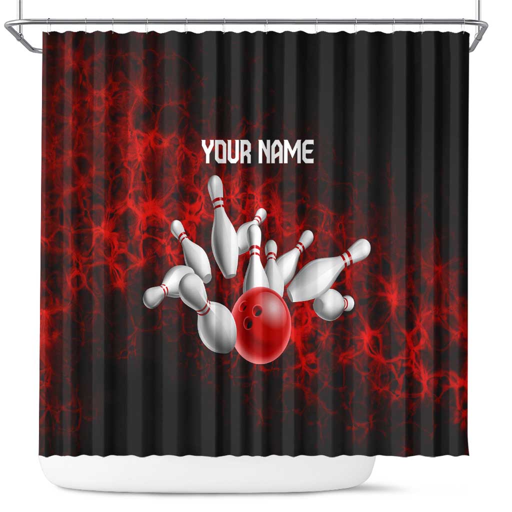 Red Bowling Ball and Pins Design Shower Curtain with Fiery Smoke Background and Custom Team Name Text - Wonder Print Shop