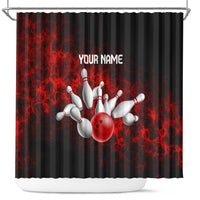 Red Bowling Ball and Pins Design Shower Curtain with Fiery Smoke Background and Custom Team Name Text - Wonder Print Shop