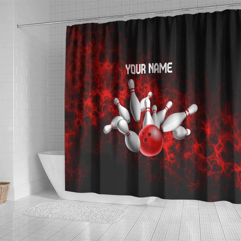 Red Bowling Ball and Pins Design Shower Curtain with Fiery Smoke Background and Custom Team Name Text - Wonder Print Shop