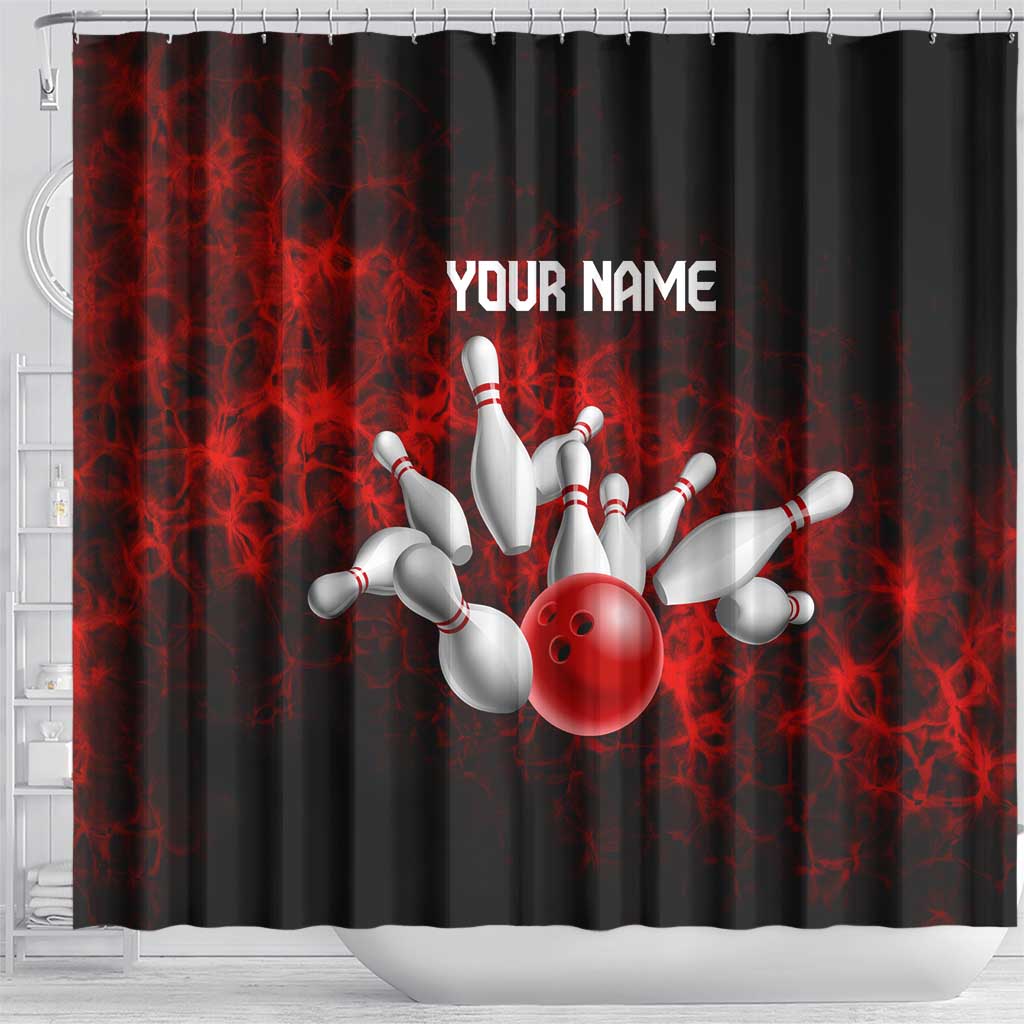 Red Bowling Ball and Pins Design Shower Curtain with Fiery Smoke Background and Custom Team Name Text - Wonder Print Shop