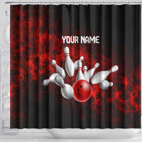 Red Bowling Ball and Pins Design Shower Curtain with Fiery Smoke Background and Custom Team Name Text - Wonder Print Shop
