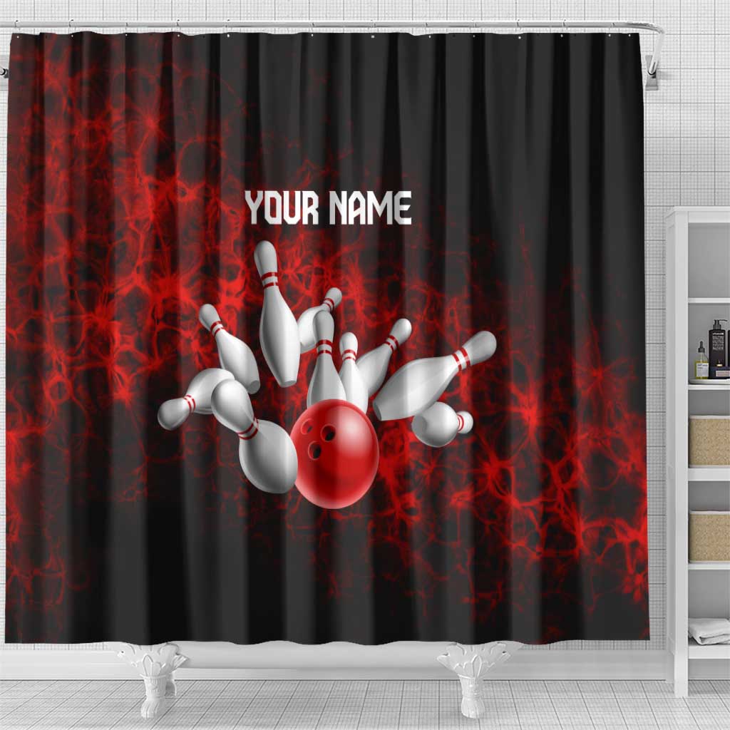 Red Bowling Ball and Pins Design Shower Curtain with Fiery Smoke Background and Custom Team Name Text - Wonder Print Shop