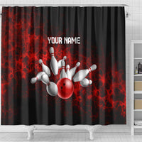 Red Bowling Ball and Pins Design Shower Curtain with Fiery Smoke Background and Custom Team Name Text - Wonder Print Shop