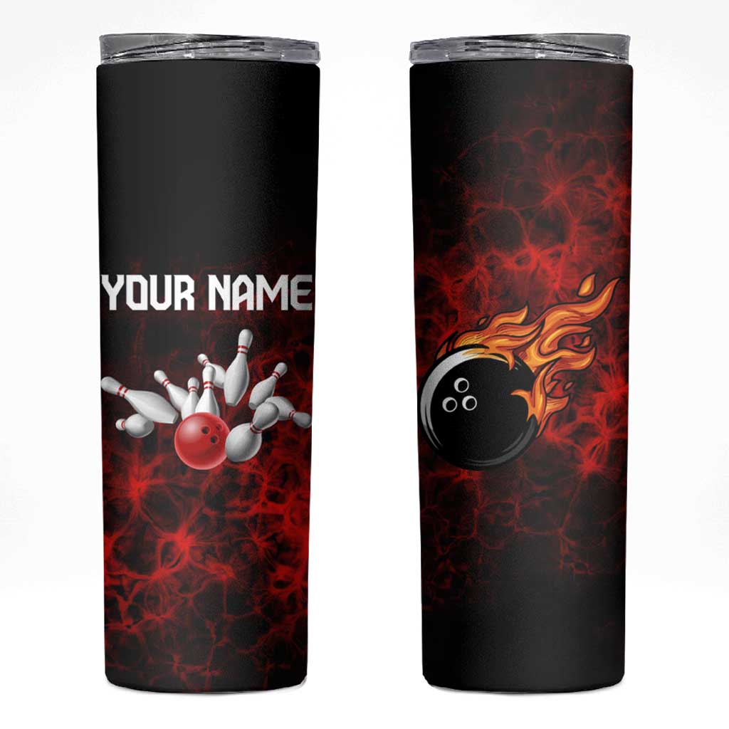 Red Bowling Ball and Pins Design Skinny Tumbler with Fiery Smoke Background and Custom Team Name Text - Wonder Print Shop