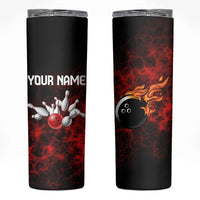 Red Bowling Ball and Pins Design Skinny Tumbler with Fiery Smoke Background and Custom Team Name Text - Wonder Print Shop