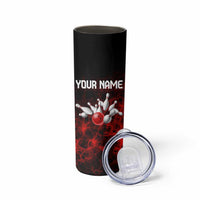 Red Bowling Ball and Pins Design Skinny Tumbler with Fiery Smoke Background and Custom Team Name Text - Wonder Print Shop