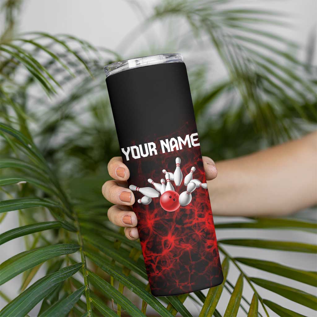 Red Bowling Ball and Pins Design Skinny Tumbler with Fiery Smoke Background and Custom Team Name Text - Wonder Print Shop