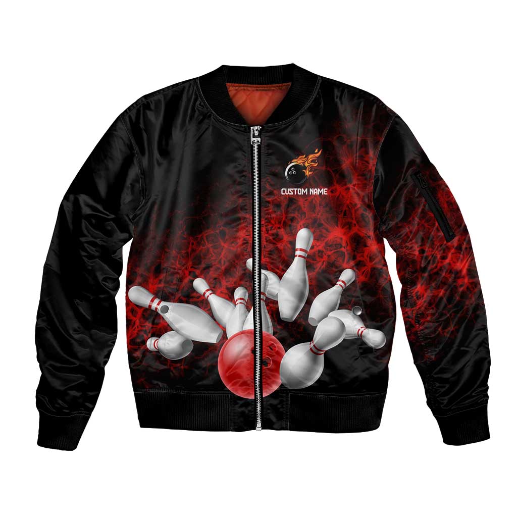 Red Bowling Ball and Pins Design Sleeve Zip Bomber Jacket with Fiery Smoke Background and Custom Team Name Text - Wonder Print Shop