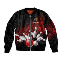 Red Bowling Ball and Pins Design Sleeve Zip Bomber Jacket with Fiery Smoke Background and Custom Team Name Text - Wonder Print Shop