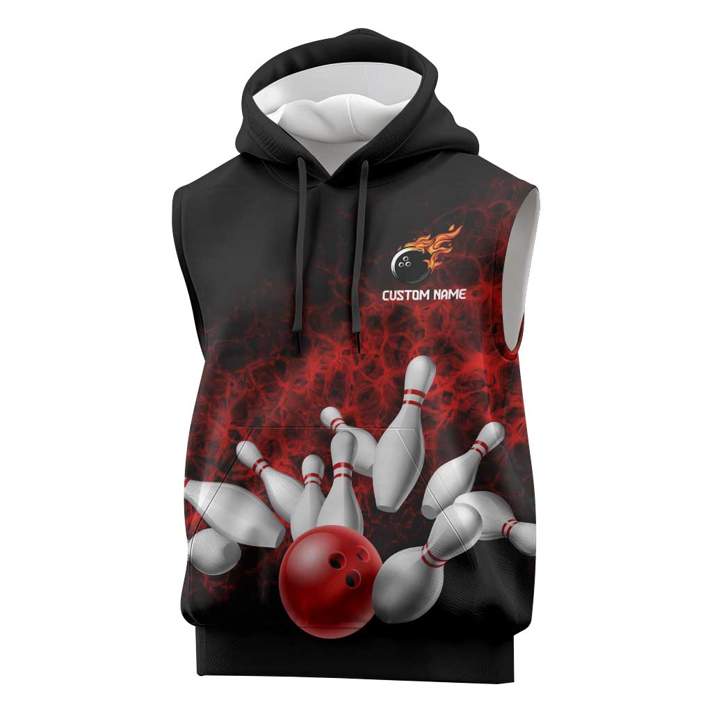 Red Bowling Ball and Pins Design Sleeveless Hoodie with Fiery Smoke Background and Custom Team Name Text - Wonder Print Shop