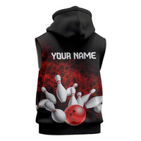 Red Bowling Ball and Pins Design Sleeveless Hoodie with Fiery Smoke Background and Custom Team Name Text - Wonder Print Shop