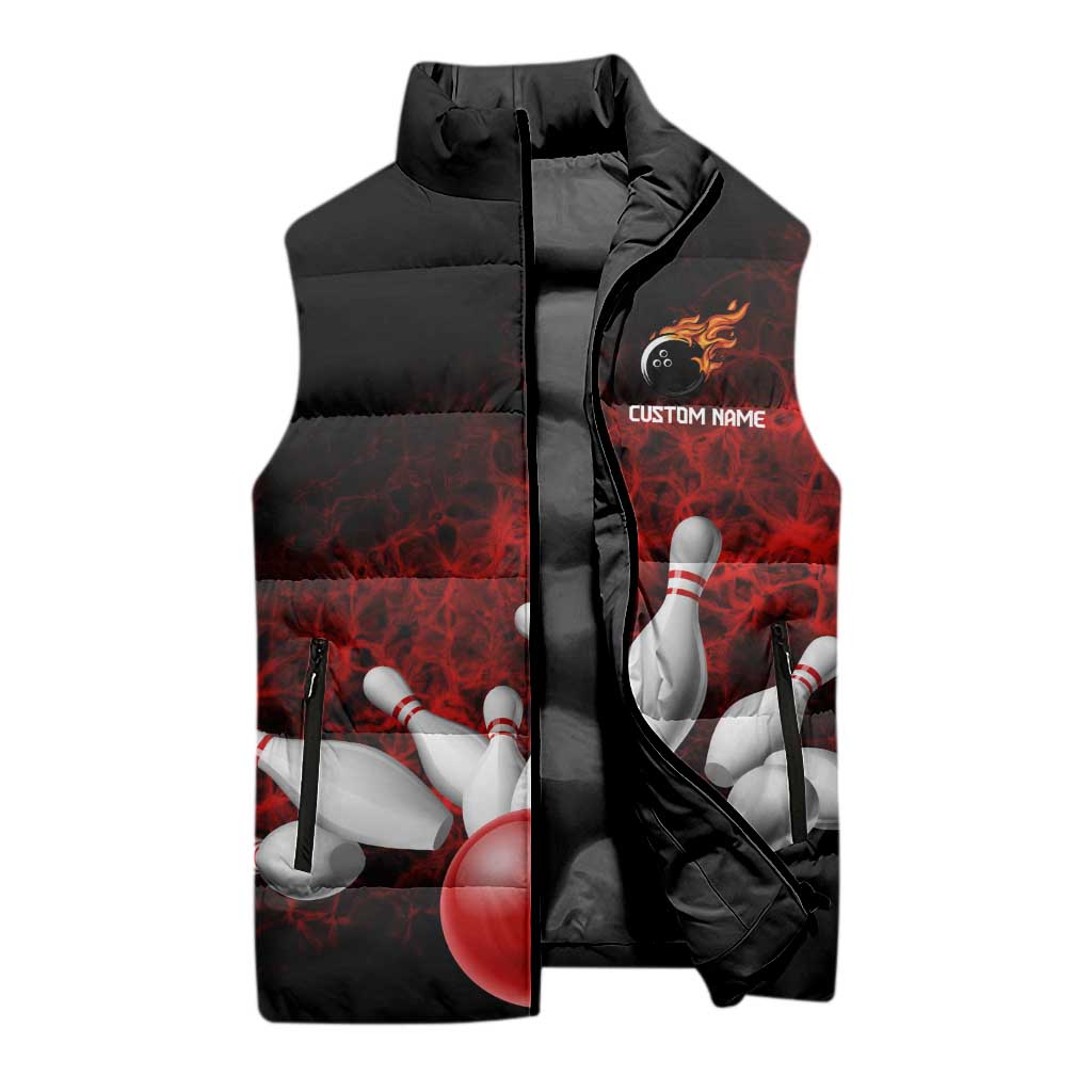 Red Bowling Ball and Pins Design Sleeveless Puffer Jacket with Fiery Smoke Background and Custom Team Name Text - Wonder Print Shop