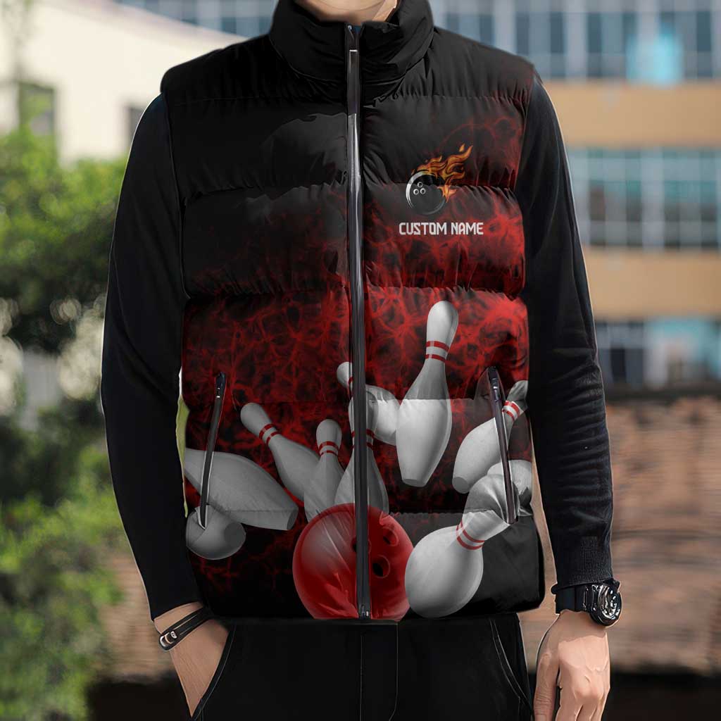 Red Bowling Ball and Pins Design Sleeveless Puffer Jacket with Fiery Smoke Background and Custom Team Name Text - Wonder Print Shop