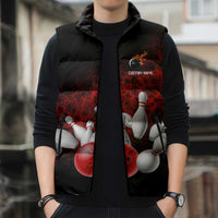 Red Bowling Ball and Pins Design Sleeveless Puffer Jacket with Fiery Smoke Background and Custom Team Name Text - Wonder Print Shop