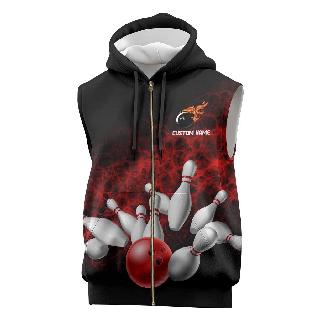 Red Bowling Ball and Pins Design Sleeveless Zip Hoodie with Fiery Smoke Background and Custom Team Name Text - Wonder Print Shop