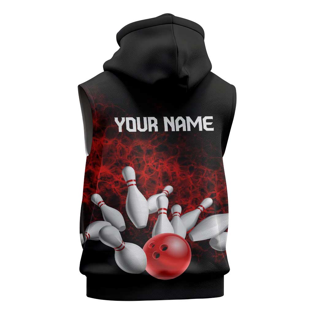 Red Bowling Ball and Pins Design Sleeveless Zip Hoodie with Fiery Smoke Background and Custom Team Name Text - Wonder Print Shop