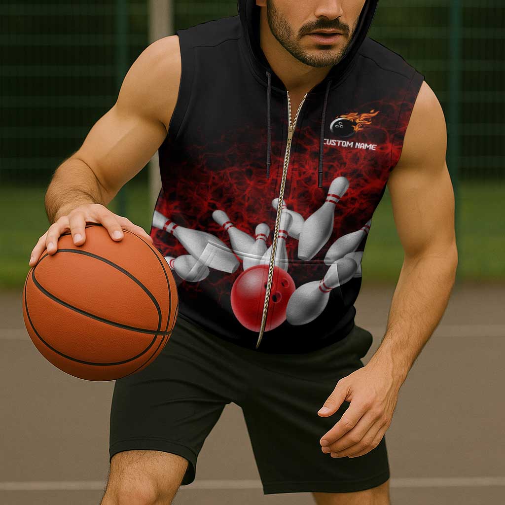 Red Bowling Ball and Pins Design Sleeveless Zip Hoodie with Fiery Smoke Background and Custom Team Name Text - Wonder Print Shop