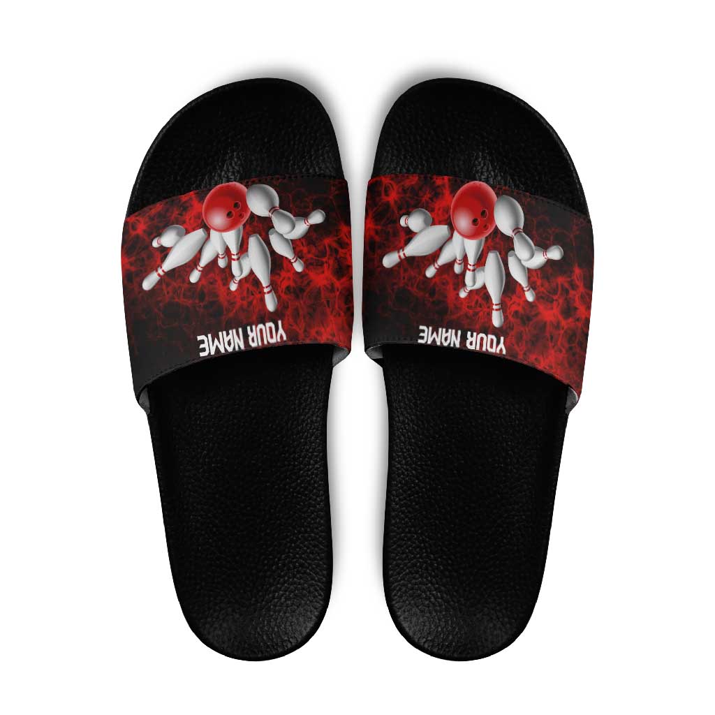 Red Bowling Ball and Pins Design Slide Sandals with Fiery Smoke Background and Custom Team Name Text - Wonder Print Shop