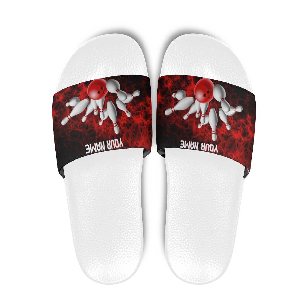 Red Bowling Ball and Pins Design Slide Sandals with Fiery Smoke Background and Custom Team Name Text - Wonder Print Shop