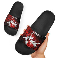 Red Bowling Ball and Pins Design Slide Sandals with Fiery Smoke Background and Custom Team Name Text - Wonder Print Shop